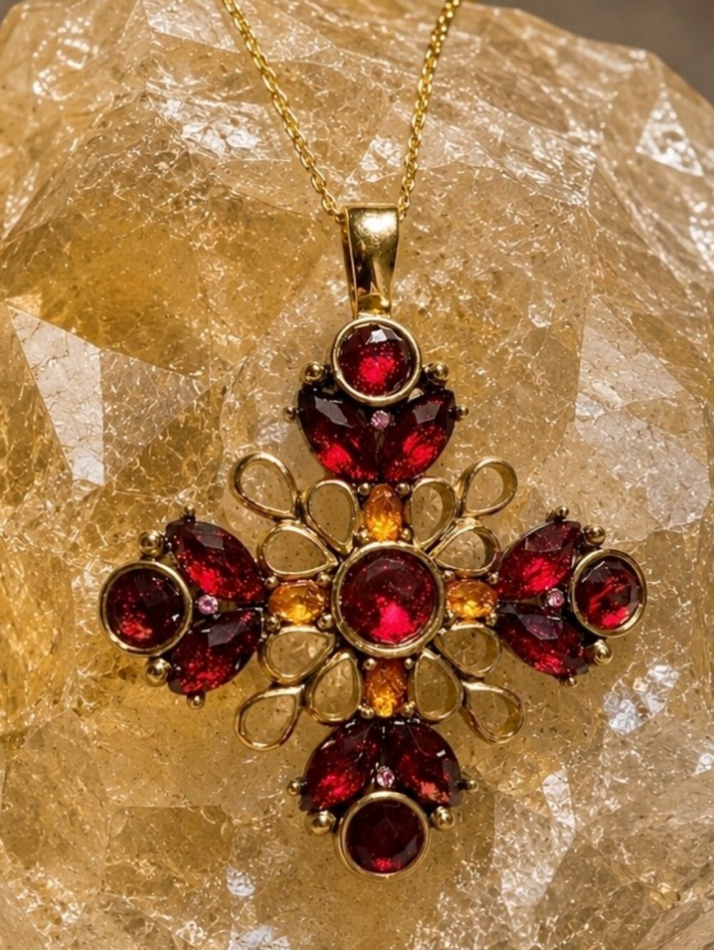 Red Faceted Rhinestone Bezel Set Gold Tone Plated Square 18" Necklace Pendant